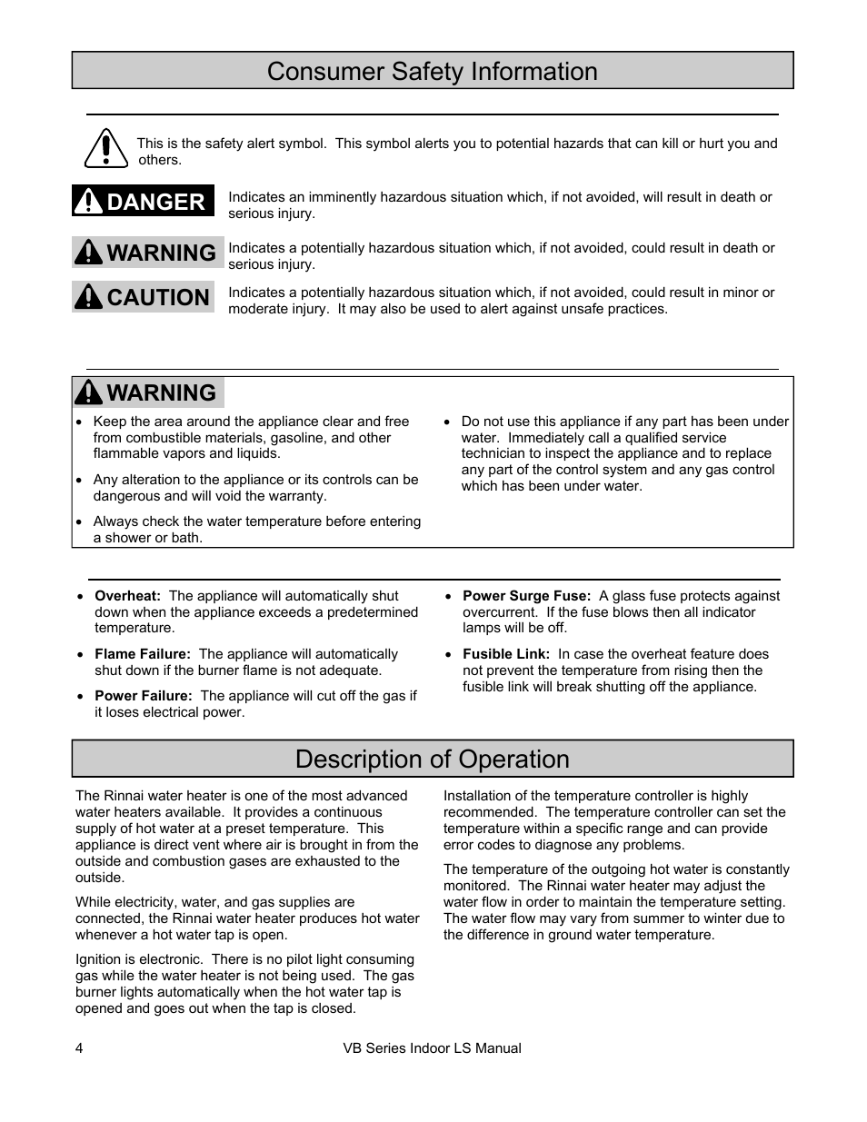 Consumer safety information, Description of operation, Warning | Danger caution warning | Rinnai R98LSI User Manual | Page 4 / 72