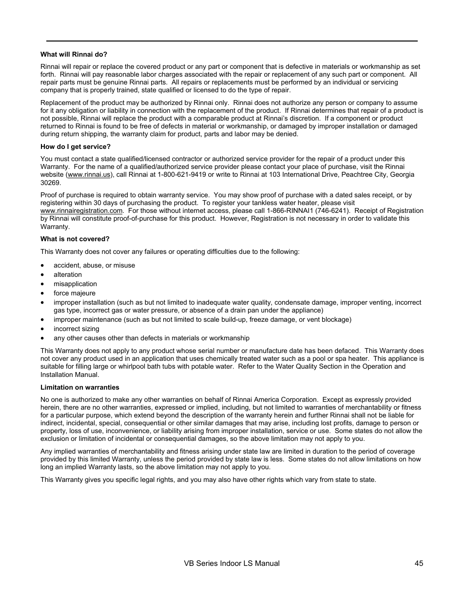 Limited warranty continued | Rinnai R98LSI User Manual | Page 45 / 72