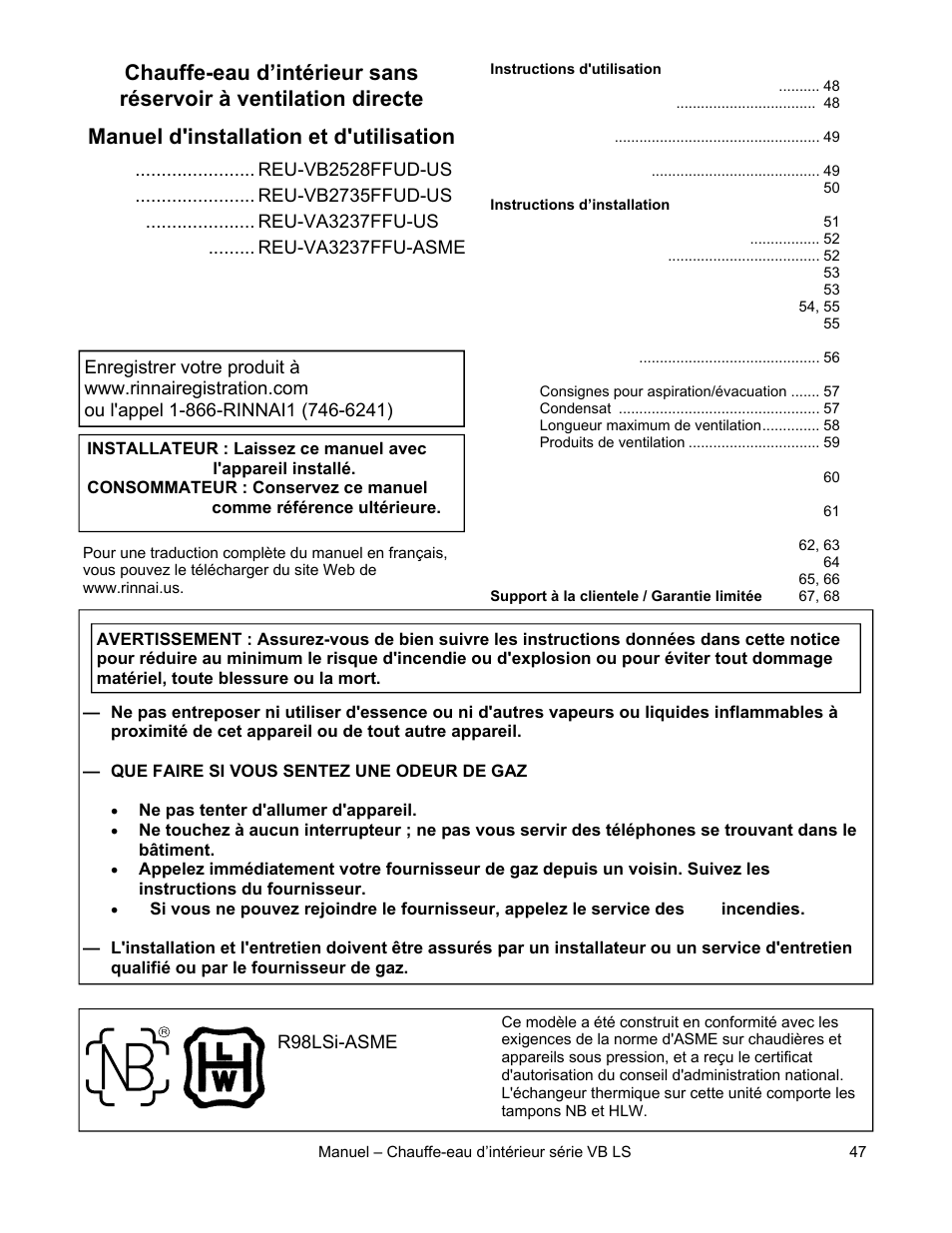 Manuel d'installation et d'utilisation | Rinnai R98LSI User Manual | Page 47 / 72