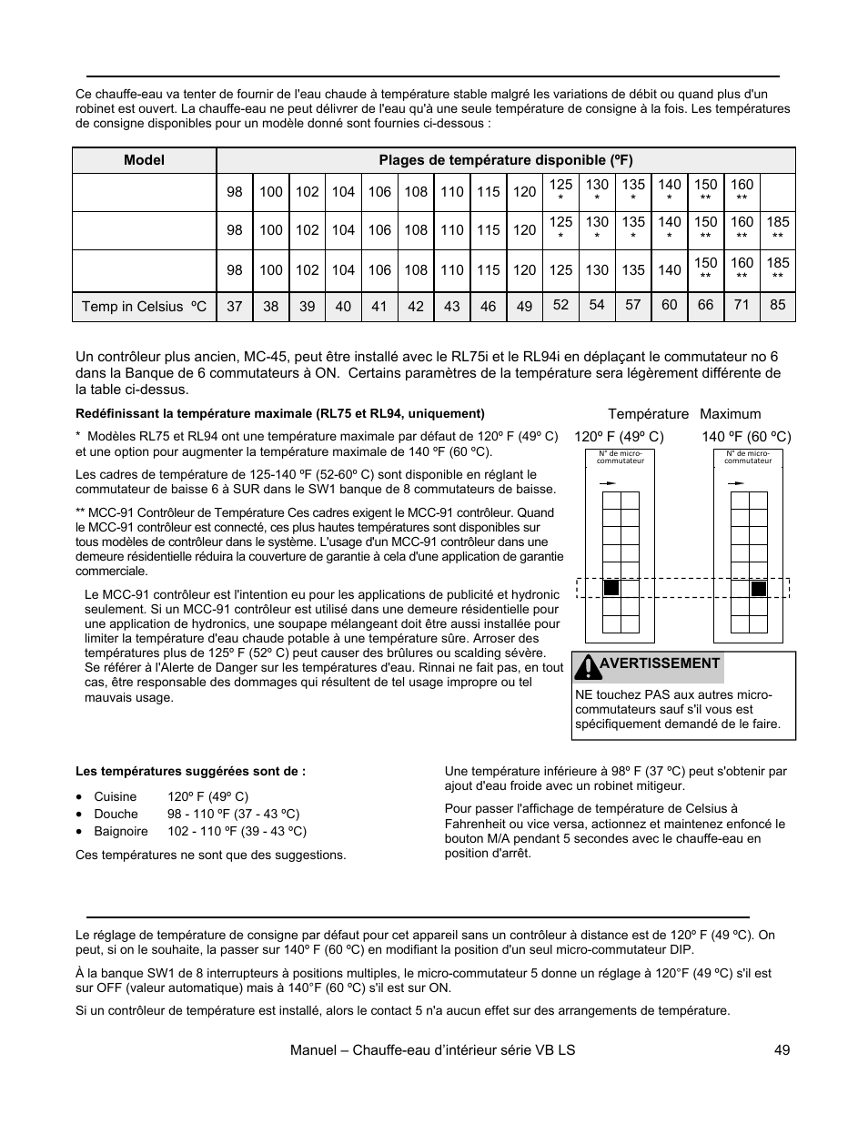 Plages de température, Avec un contrôleur de température, Options de température sans contrôleur à distance | Rinnai R98LSI User Manual | Page 49 / 72