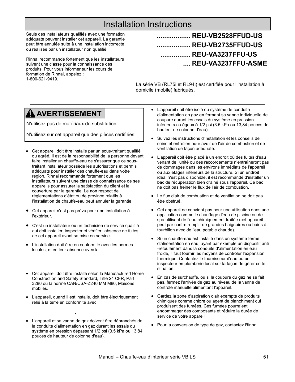 Installation instructions, Avertissement | Rinnai R98LSI User Manual | Page 51 / 72