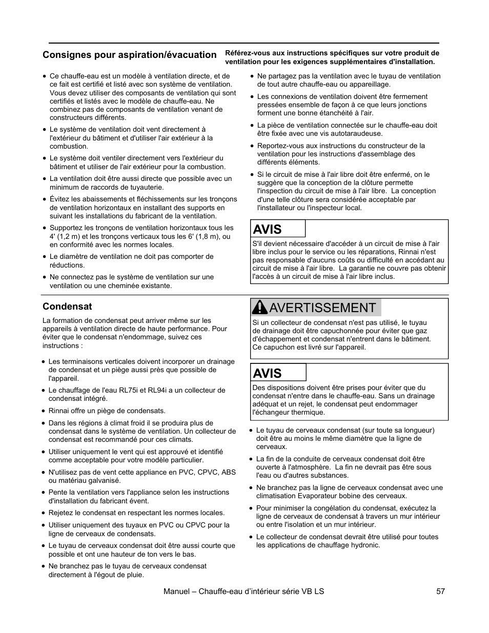 Avis, Avertissement, Instructions de ventilation | Rinnai R98LSI User Manual | Page 57 / 72