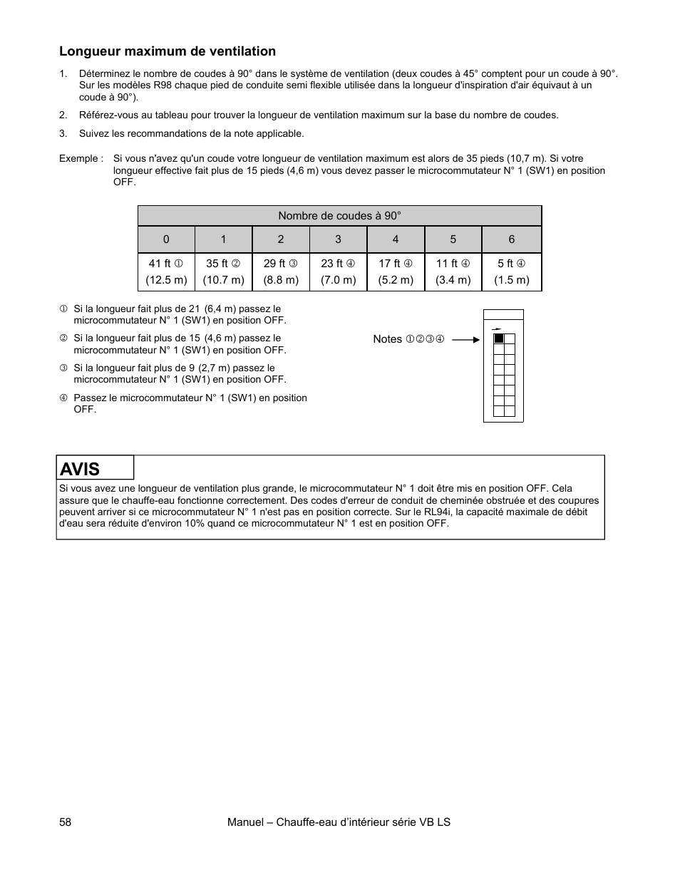 Avis, Longueur maximum de ventilation | Rinnai R98LSI User Manual | Page 58 / 72