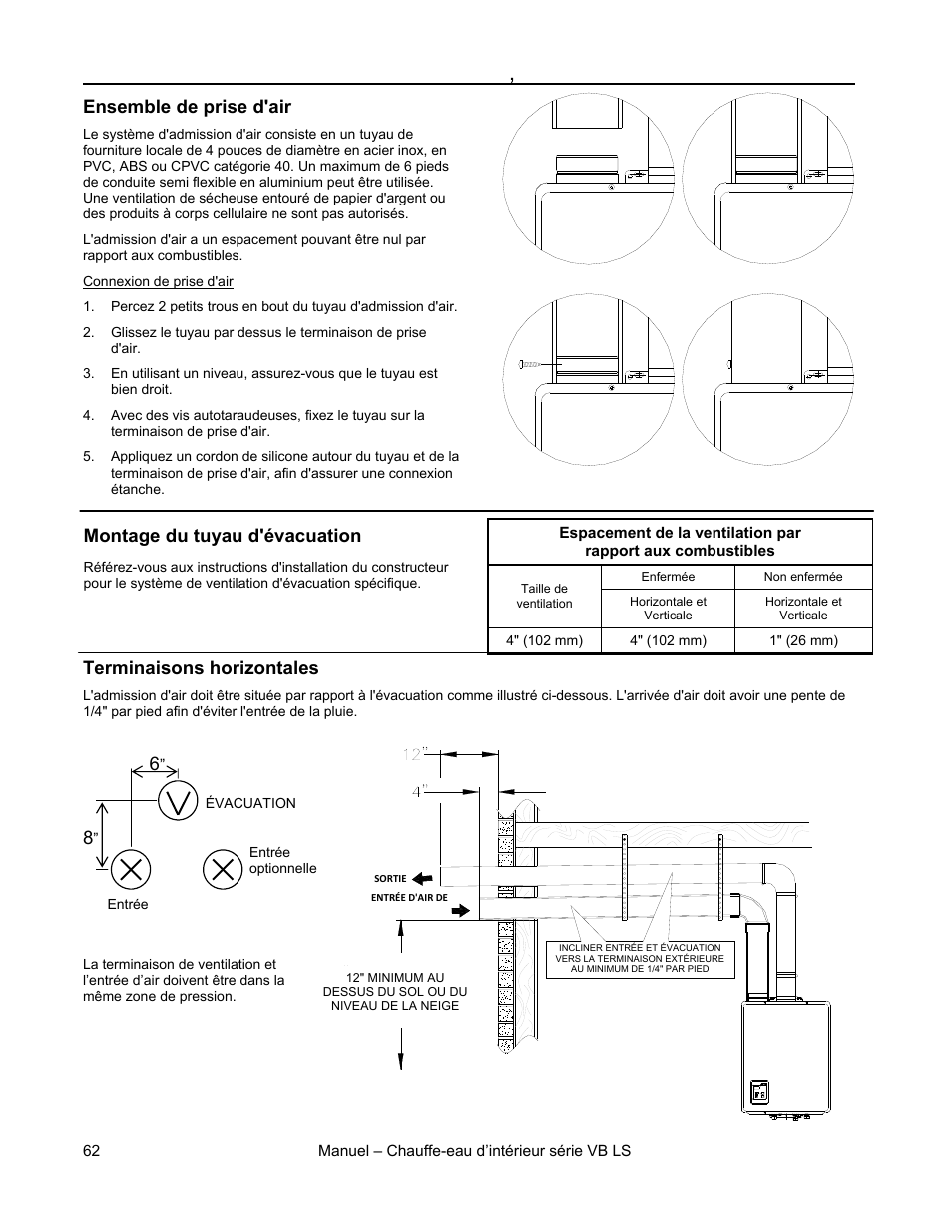Ensemble de prise d'air, Montage du tuyau d'évacuation, Terminaisons horizontales | Rinnai R98LSI User Manual | Page 62 / 72