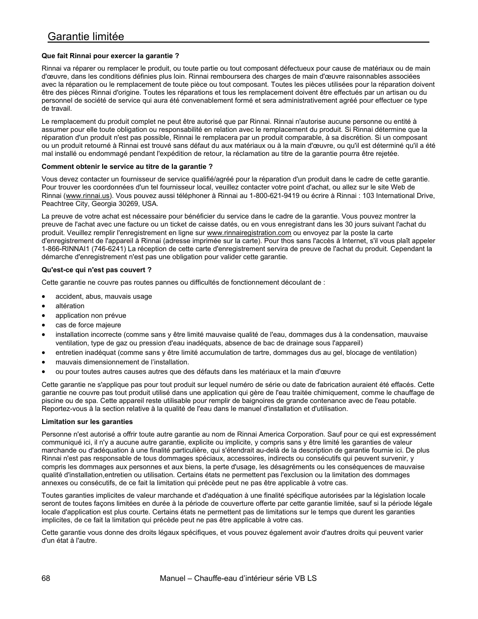 Garantie limitée | Rinnai R98LSI User Manual | Page 68 / 72