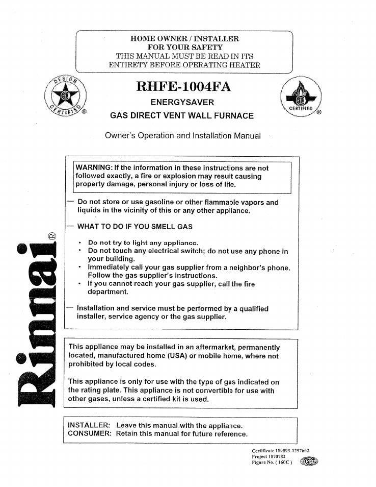 Rinnai RHFE-1004FA User Manual | 62 pages
