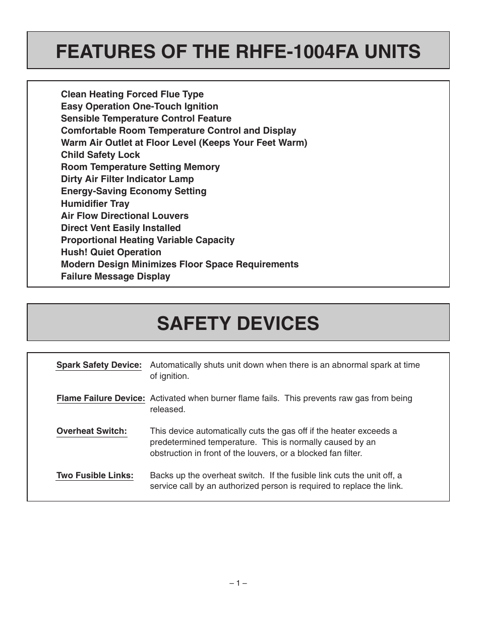 Features of the rhfe-1004fa units, Safety devices | Rinnai RHFE-1004FA User Manual | Page 3 / 62