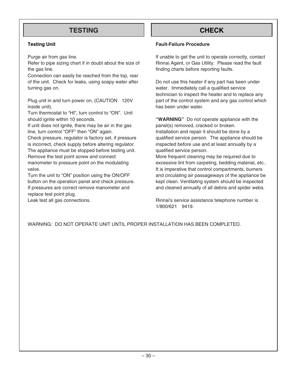 Testing check | Rinnai RHFE-1004FA User Manual | Page 32 / 62