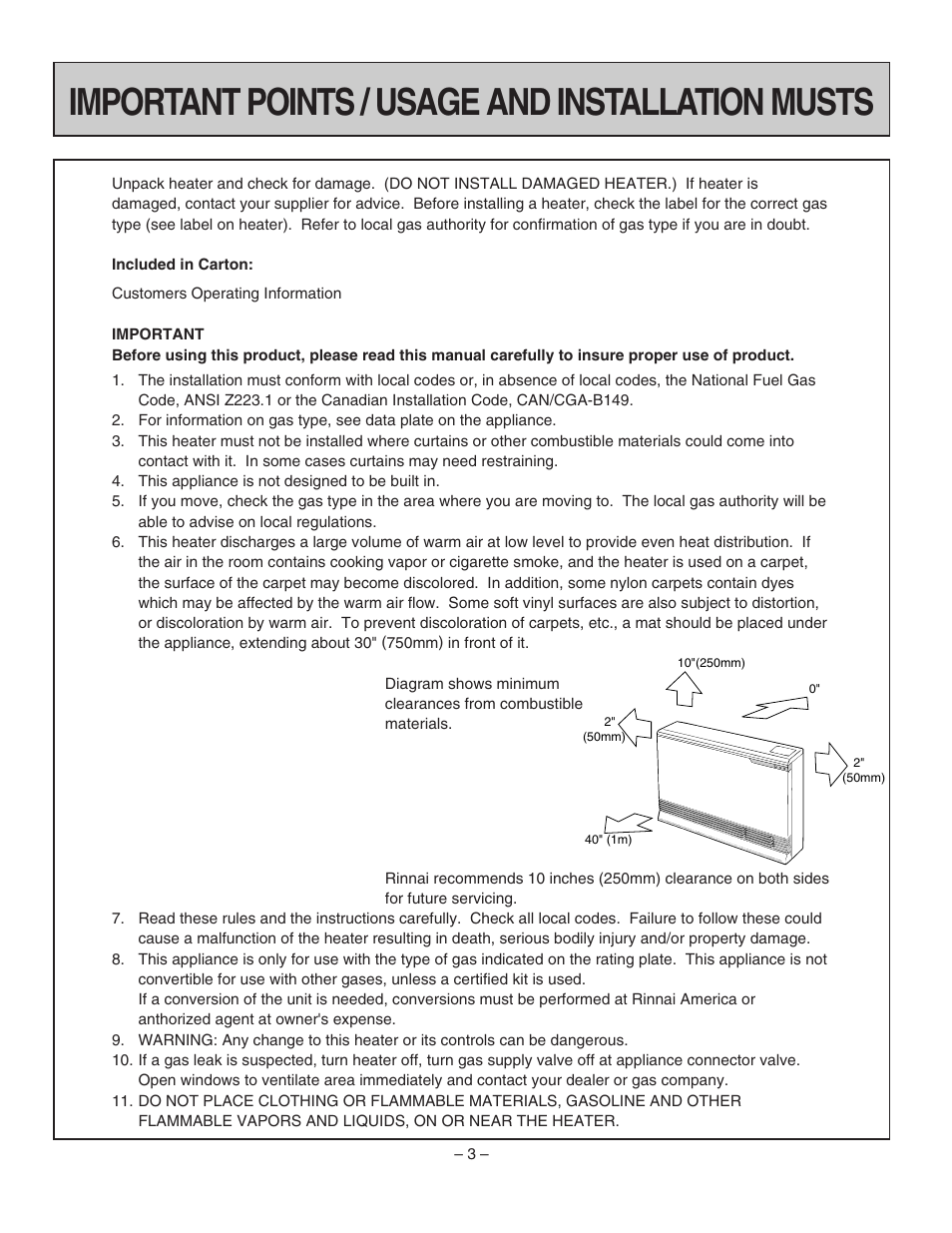 Important points / usage and installation musts | Rinnai RHFE-1004FA User Manual | Page 5 / 62