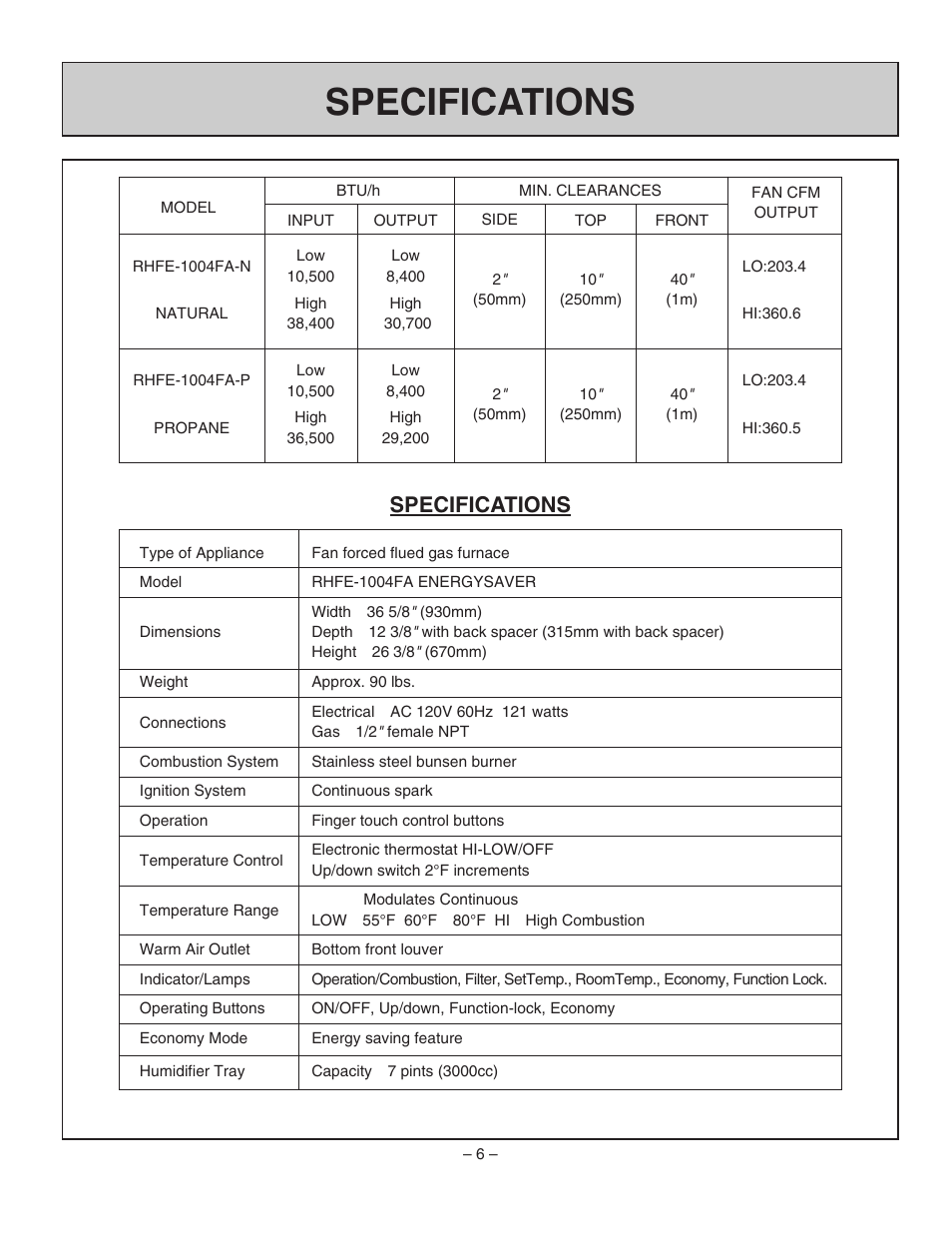 Specifications | Rinnai RHFE-1004FA User Manual | Page 8 / 62