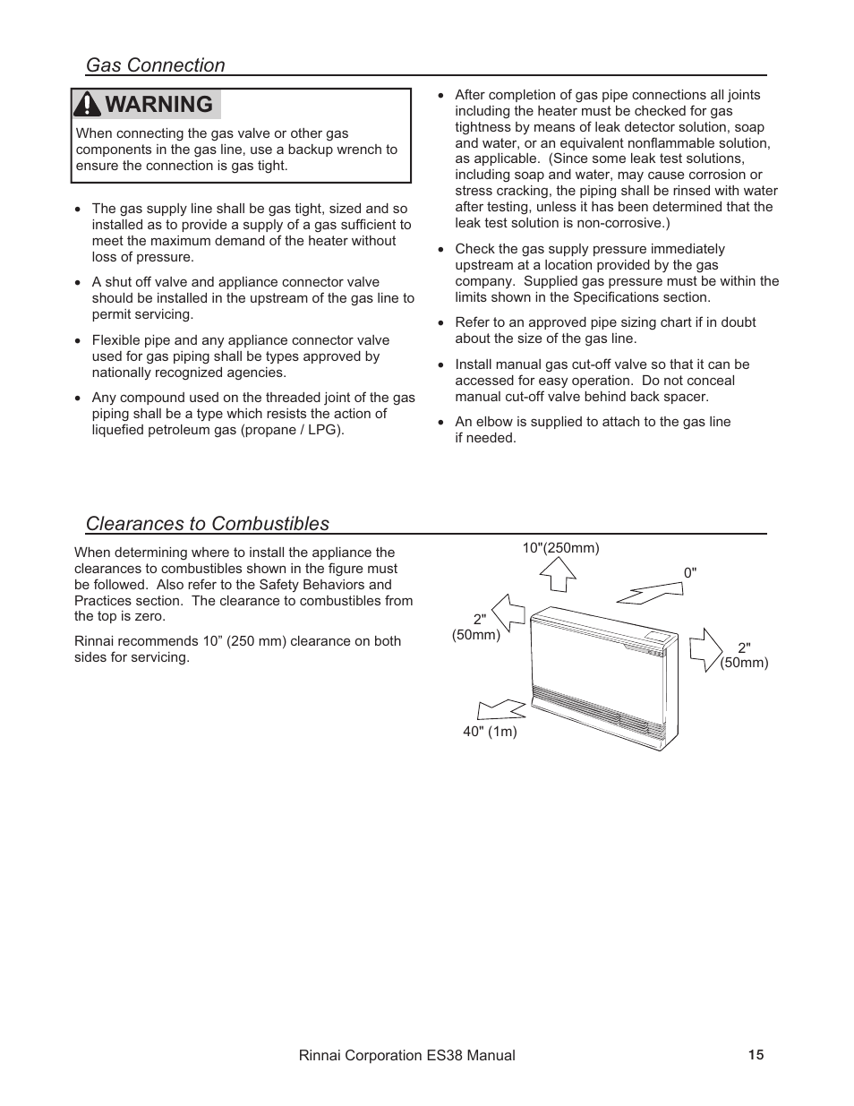 Warning, Gas connection, Clearances to combustibles | Rinnai ENERGYSAVER ES38 User Manual | Page 15 / 44