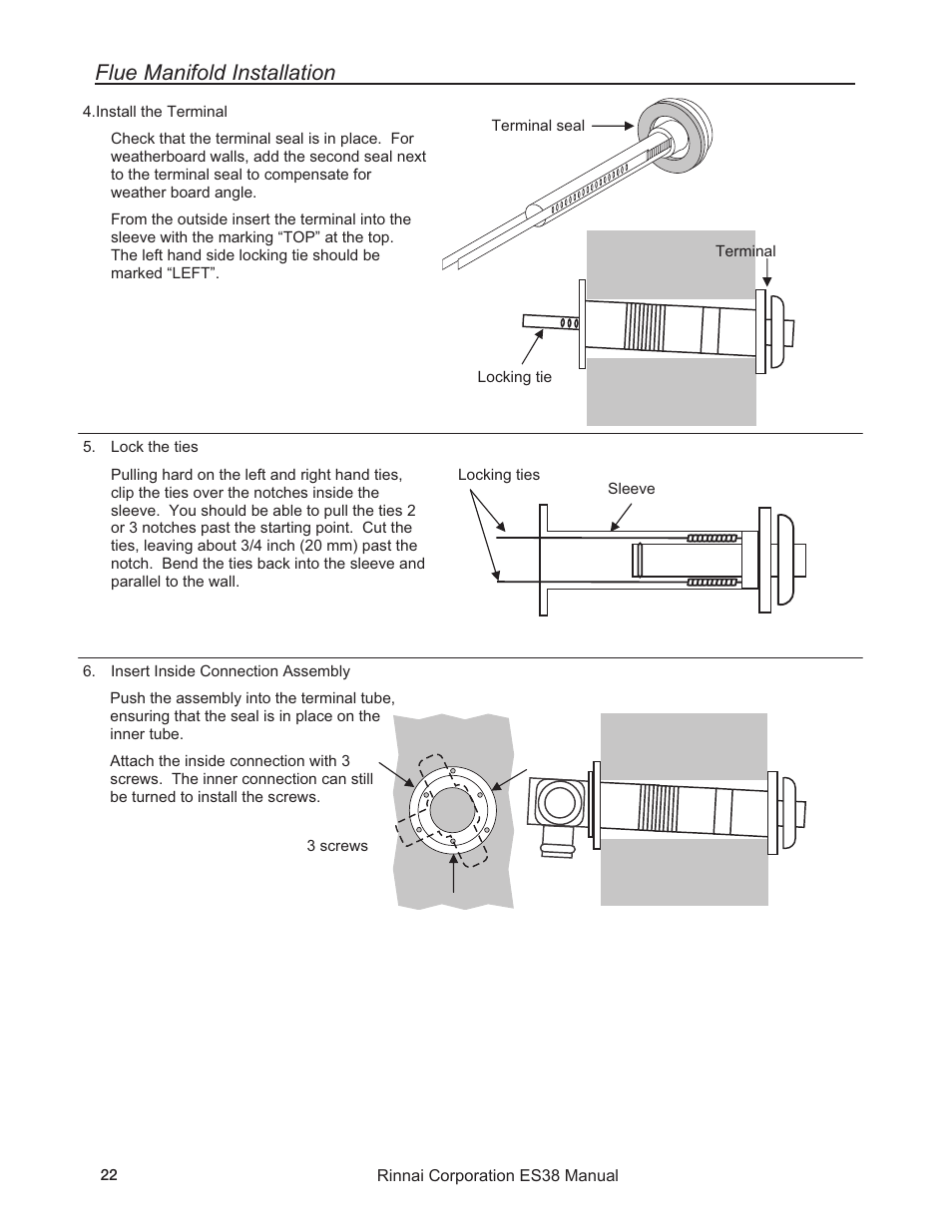 Flue manifold installation | Rinnai ENERGYSAVER ES38 User Manual | Page 22 / 44