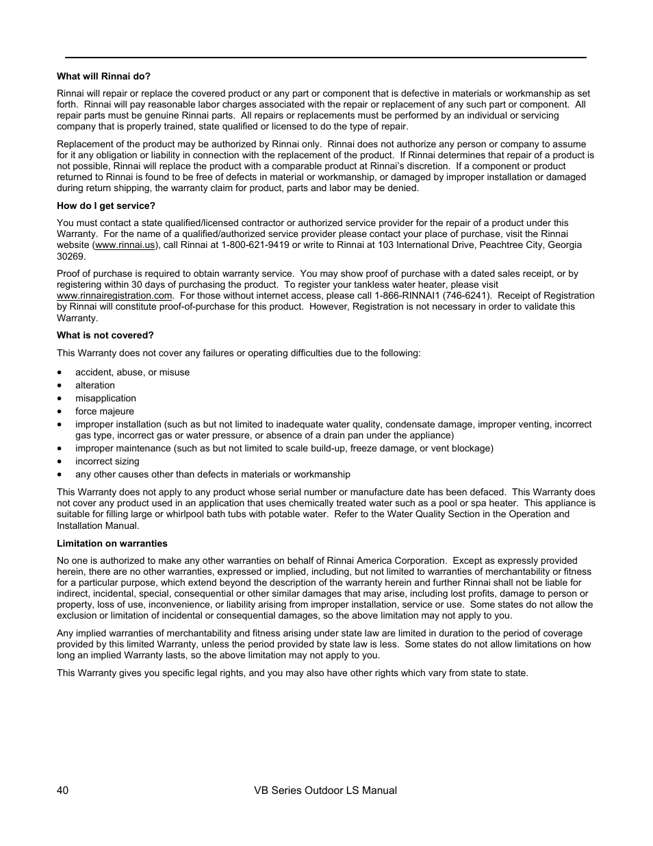 Limited warranty continued | Rinnai RL94E User Manual | Page 40 / 60