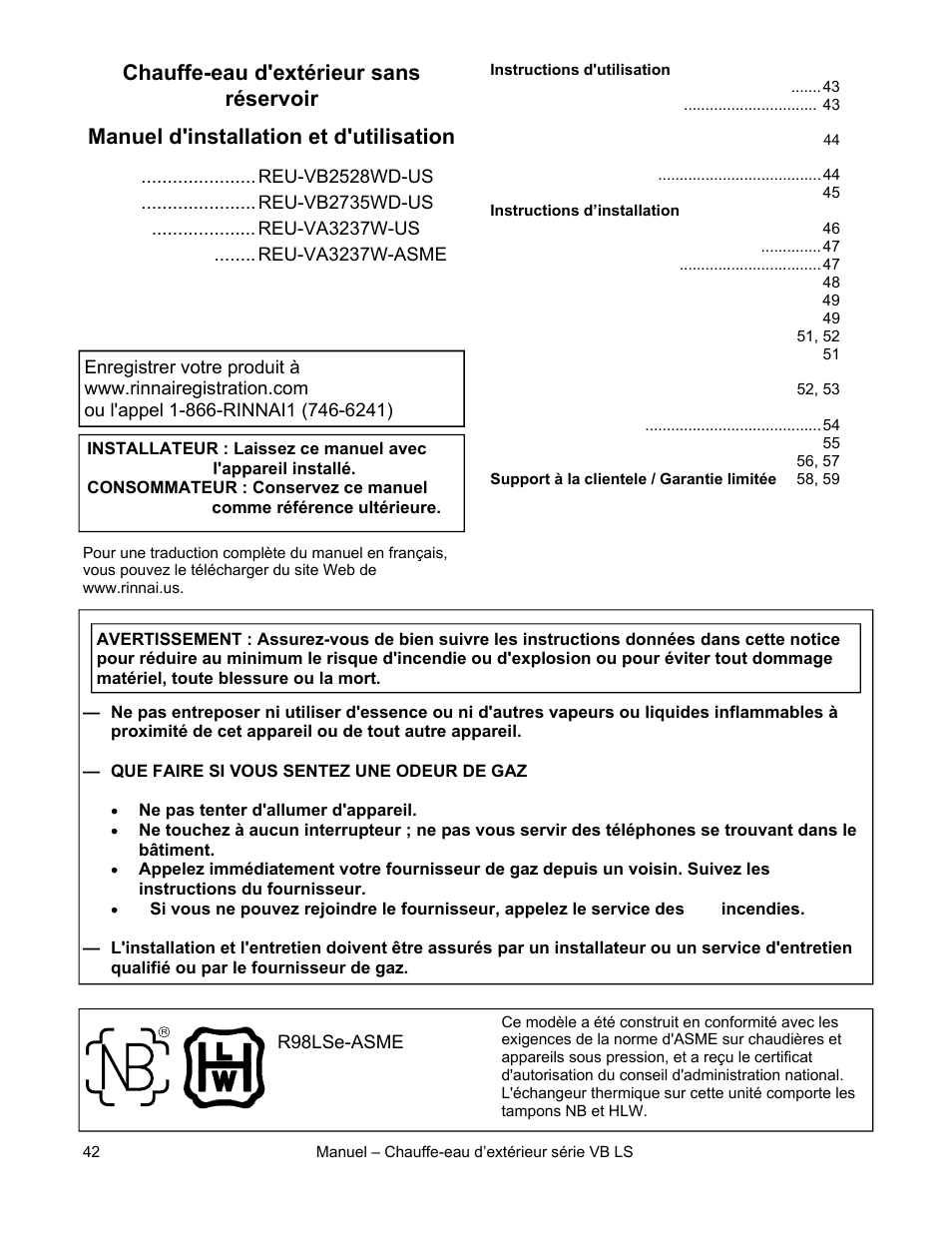 Manuel d'installation et d'utilisation, Chauffe-eau d'extérieur sans réservoir | Rinnai RL94E User Manual | Page 42 / 60
