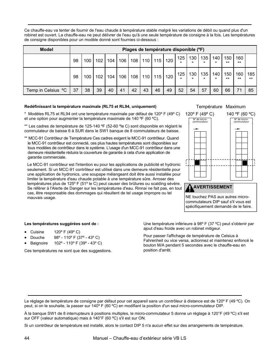 Plages de température, Avec un contrôleur de température, Options de température sans contrôleur à distance | Rinnai RL94E User Manual | Page 44 / 60