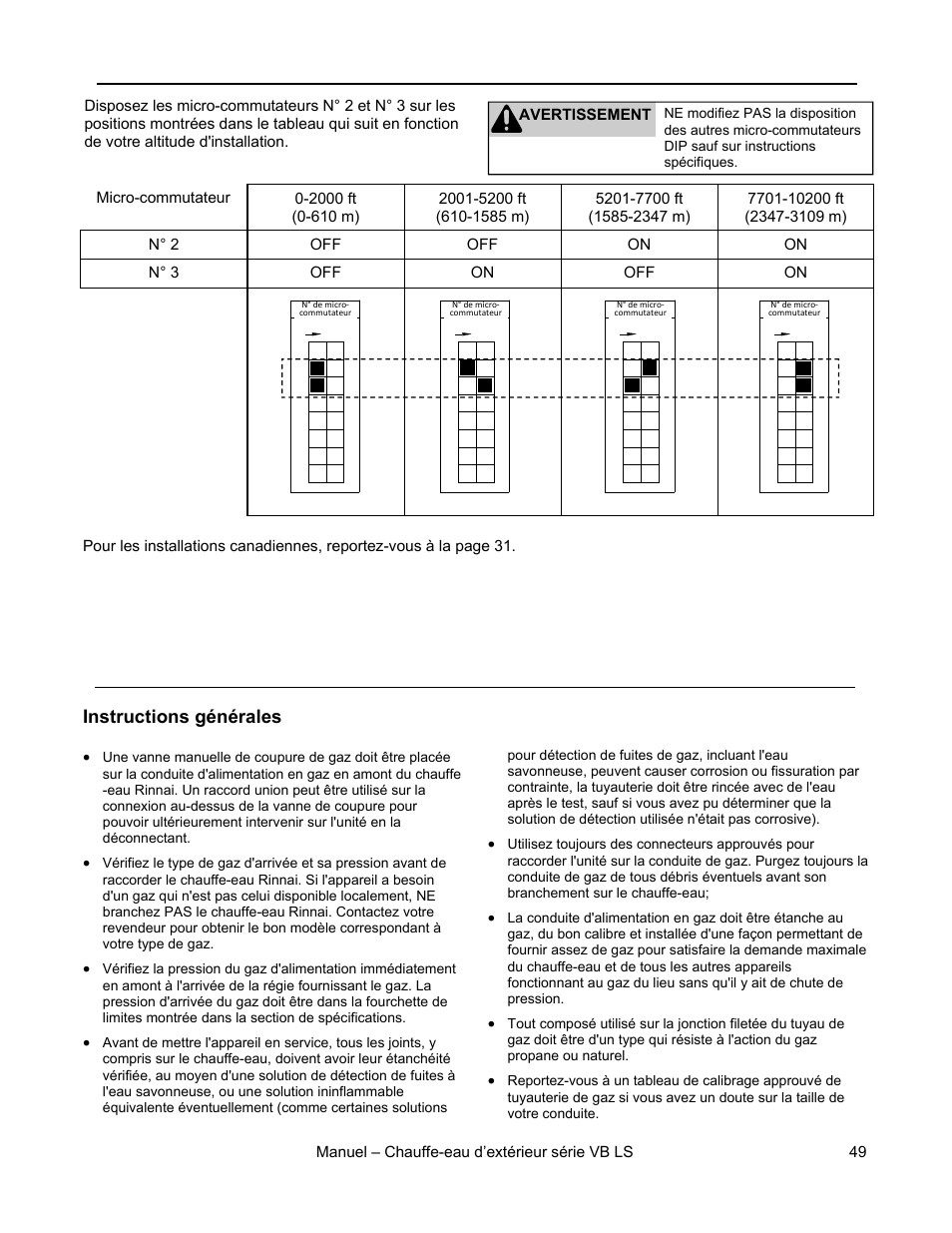 Installations à haute altitude, Tuyauterie de gaz | Rinnai RL94E User Manual | Page 49 / 60