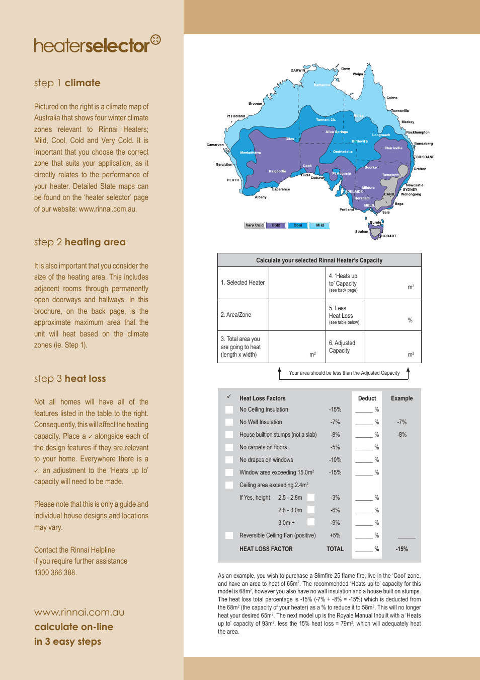 Step 1 climate, Step 2 heating area, Step 3 heat loss | Rinnai FLAME FIRES User Manual | Page 2 / 16