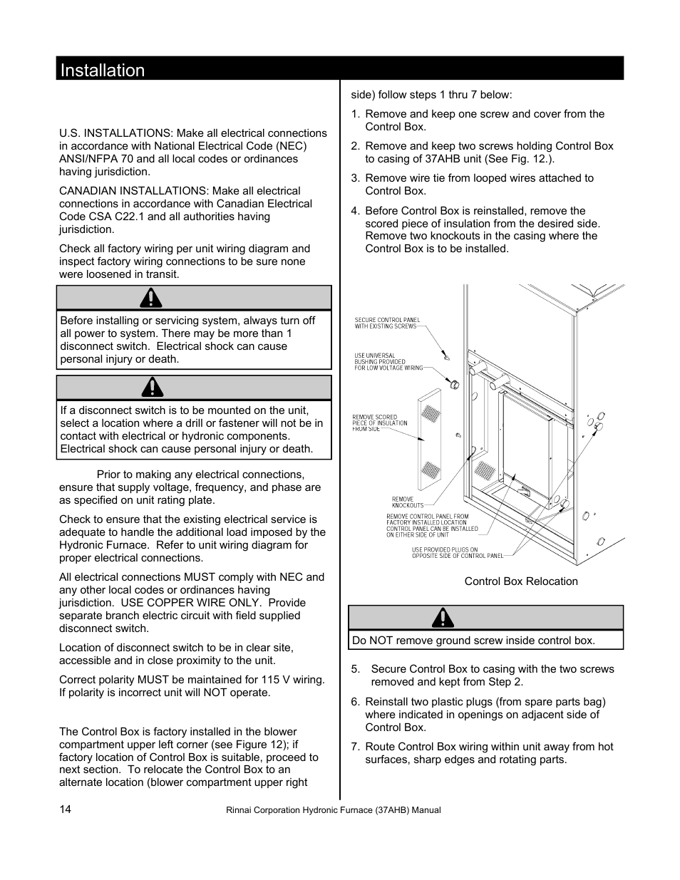 Caution, Installation, Warning | Rinnai 37AHB SERIES User Manual | Page 14 / 68