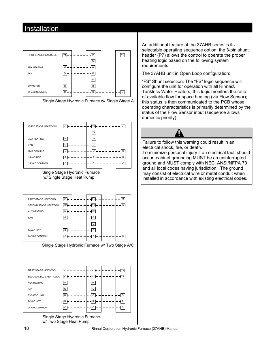 Warning, Installation, Thermostat wiring diagrams | Rinnai 37AHB SERIES User Manual | Page 18 / 68