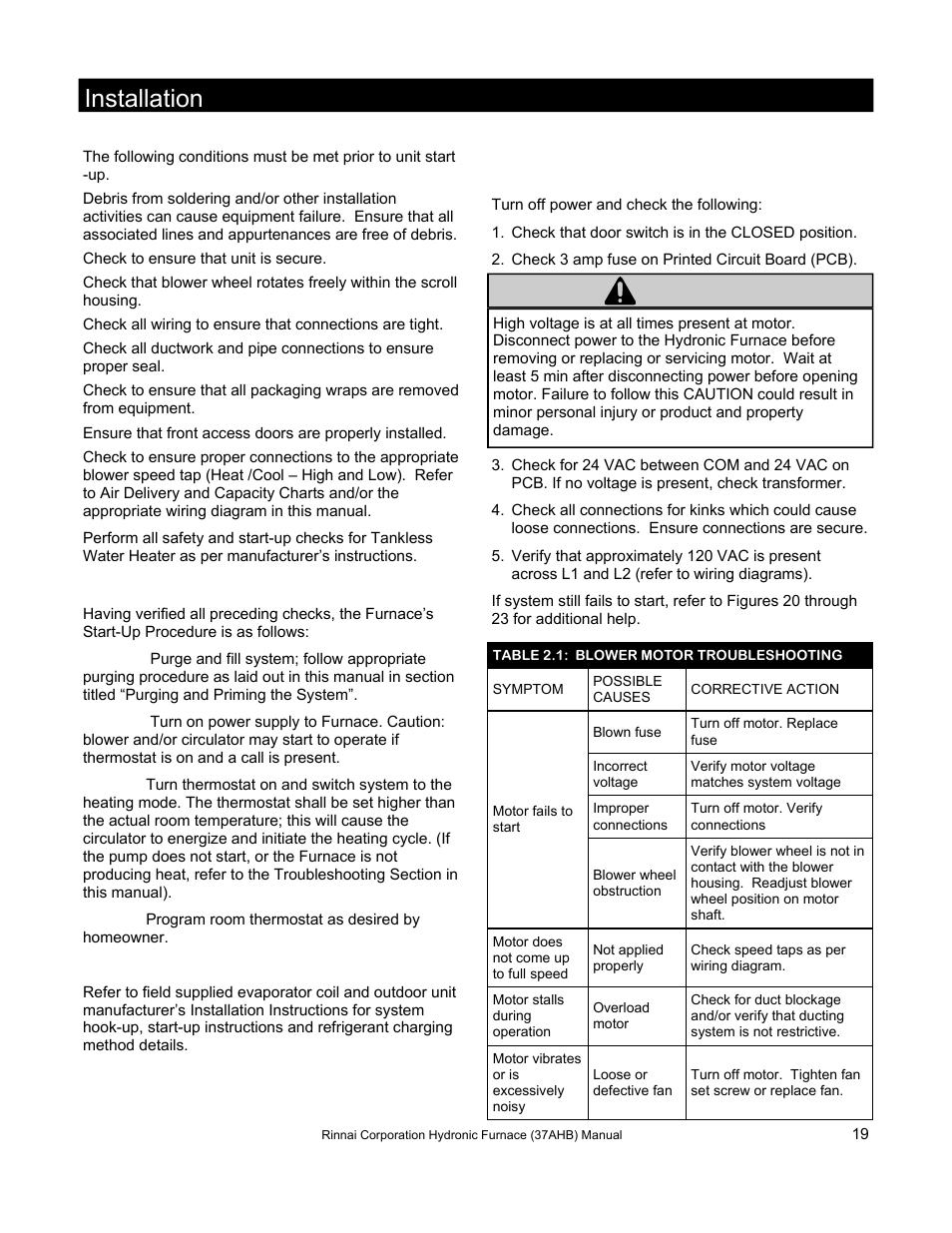 Installation, Caution | Rinnai 37AHB SERIES User Manual | Page 19 / 68