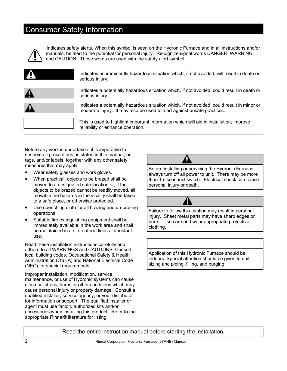 Consumer safety information, Caution warning notice, Notice | Caution danger, Warning | Rinnai 37AHB SERIES User Manual | Page 2 / 68