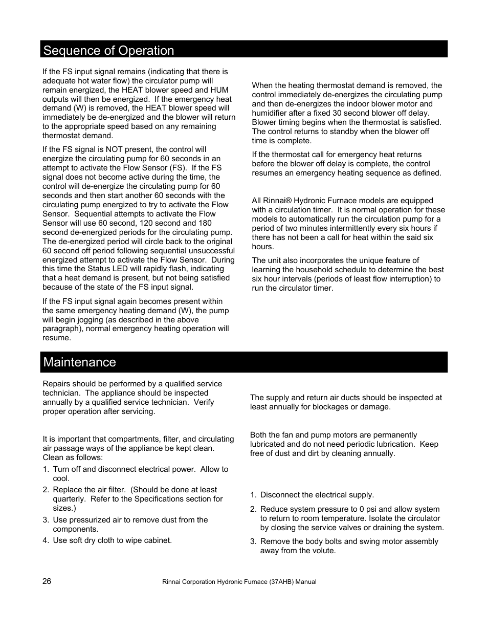 Maintenance sequence of operation | Rinnai 37AHB SERIES User Manual | Page 26 / 68