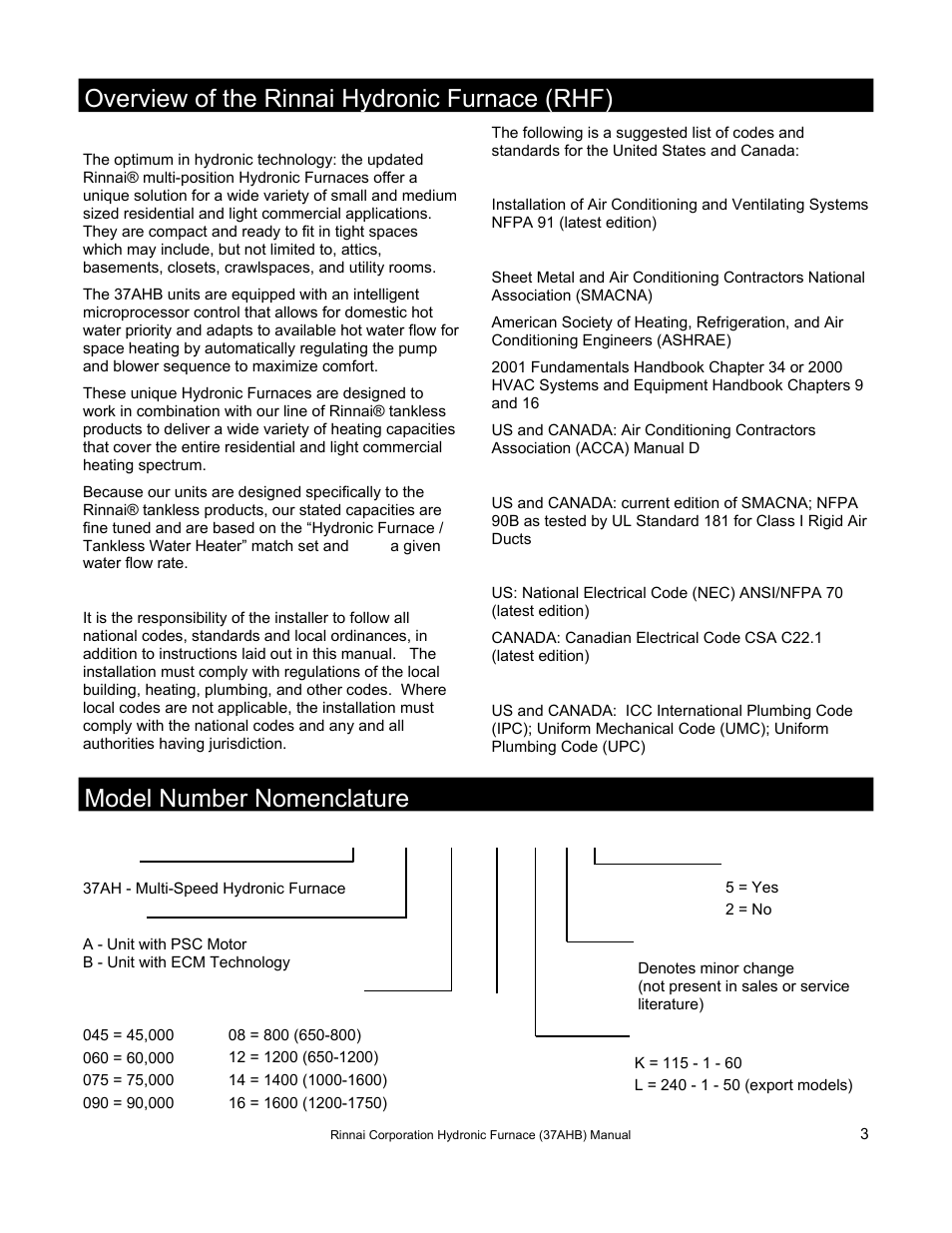 Overview of the rinnai hydronic furnace (rhf), Model number nomenclature | Rinnai 37AHB SERIES User Manual | Page 3 / 68