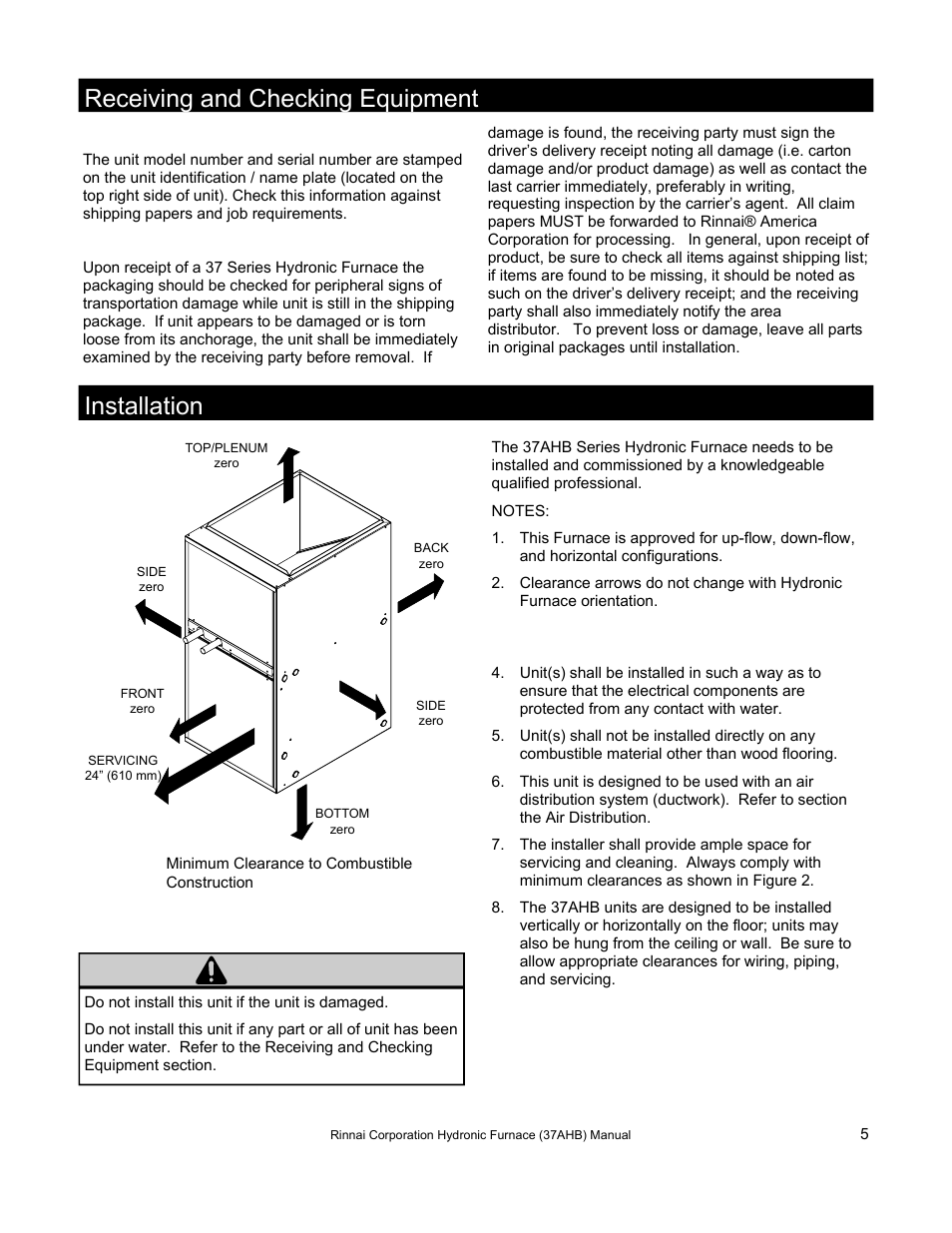 Receiving and checking equipment, Installation, Warning | Rinnai 37AHB SERIES User Manual | Page 5 / 68