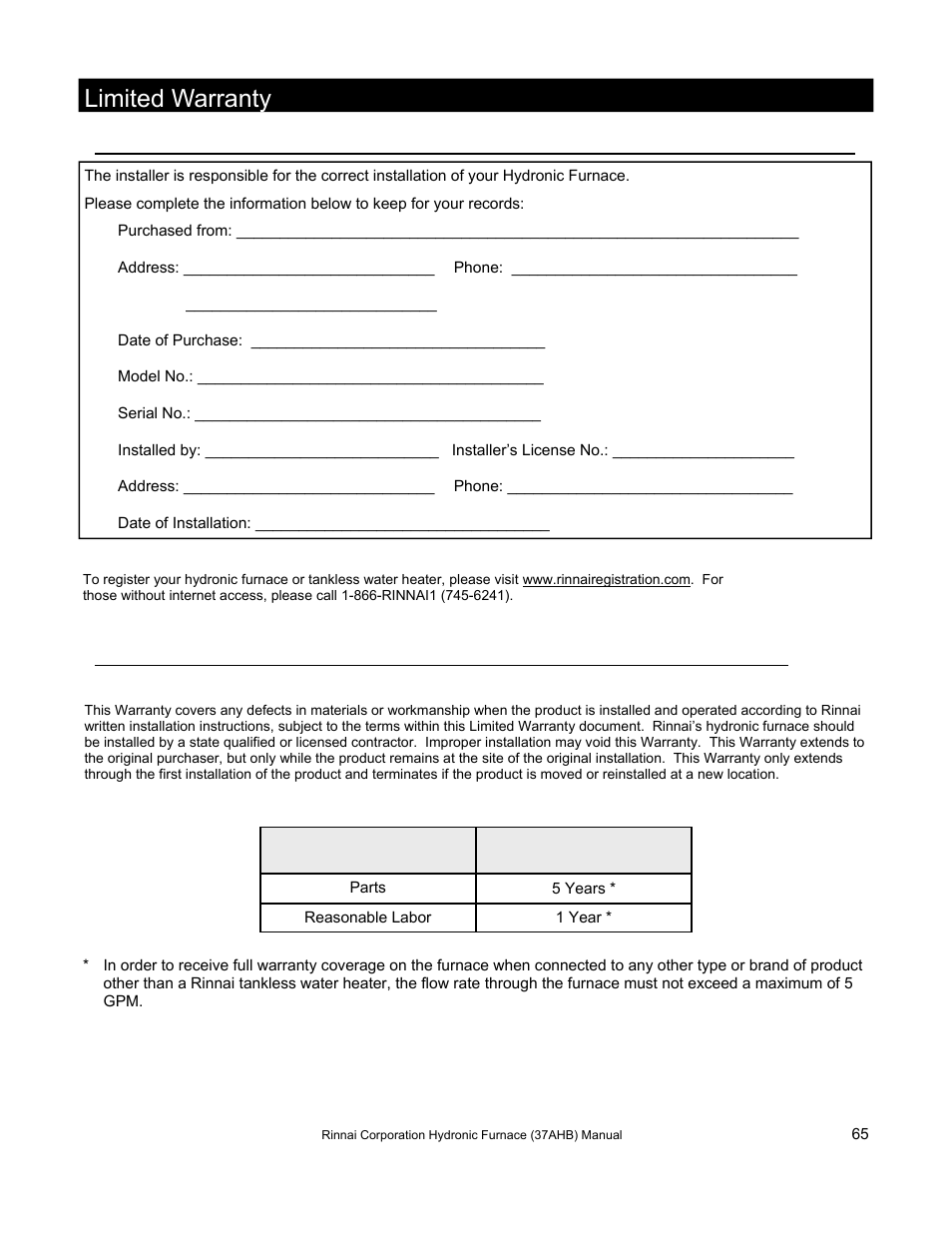 Limited warranty | Rinnai 37AHB SERIES User Manual | Page 65 / 68