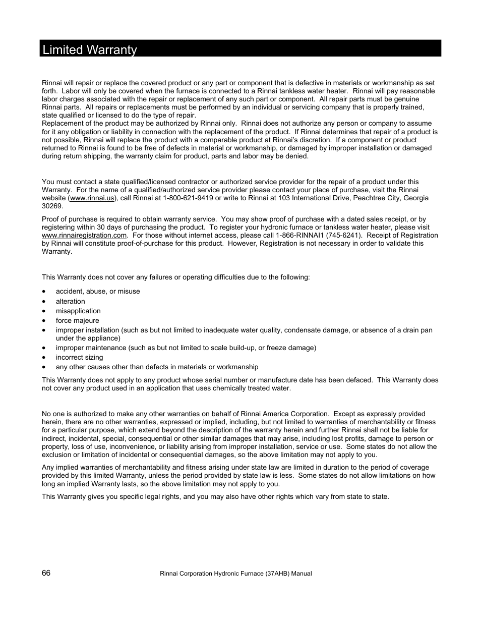 Limited warranty | Rinnai 37AHB SERIES User Manual | Page 66 / 68