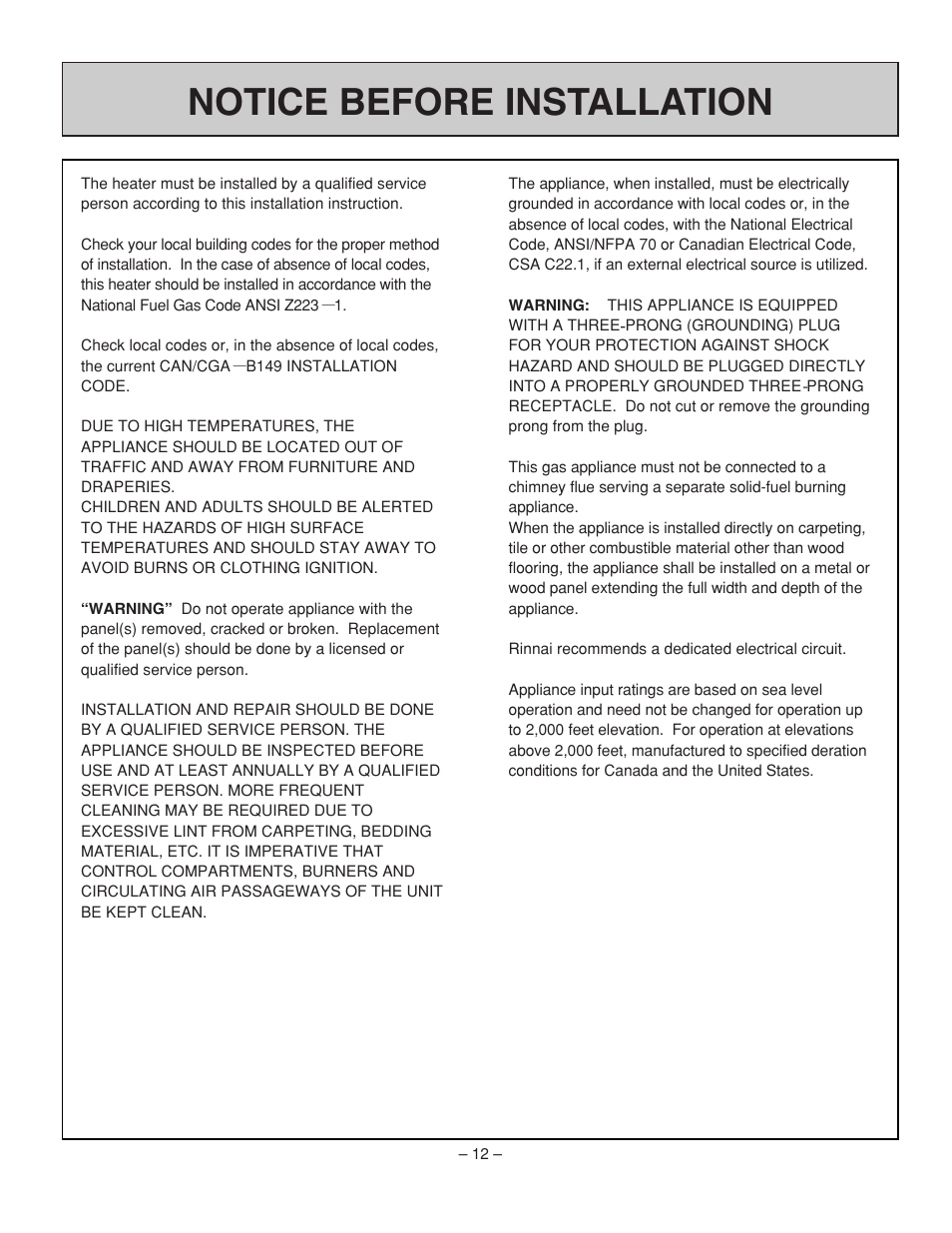Notice before installation | Rinnai RHFE-431WTA User Manual | Page 14 / 64