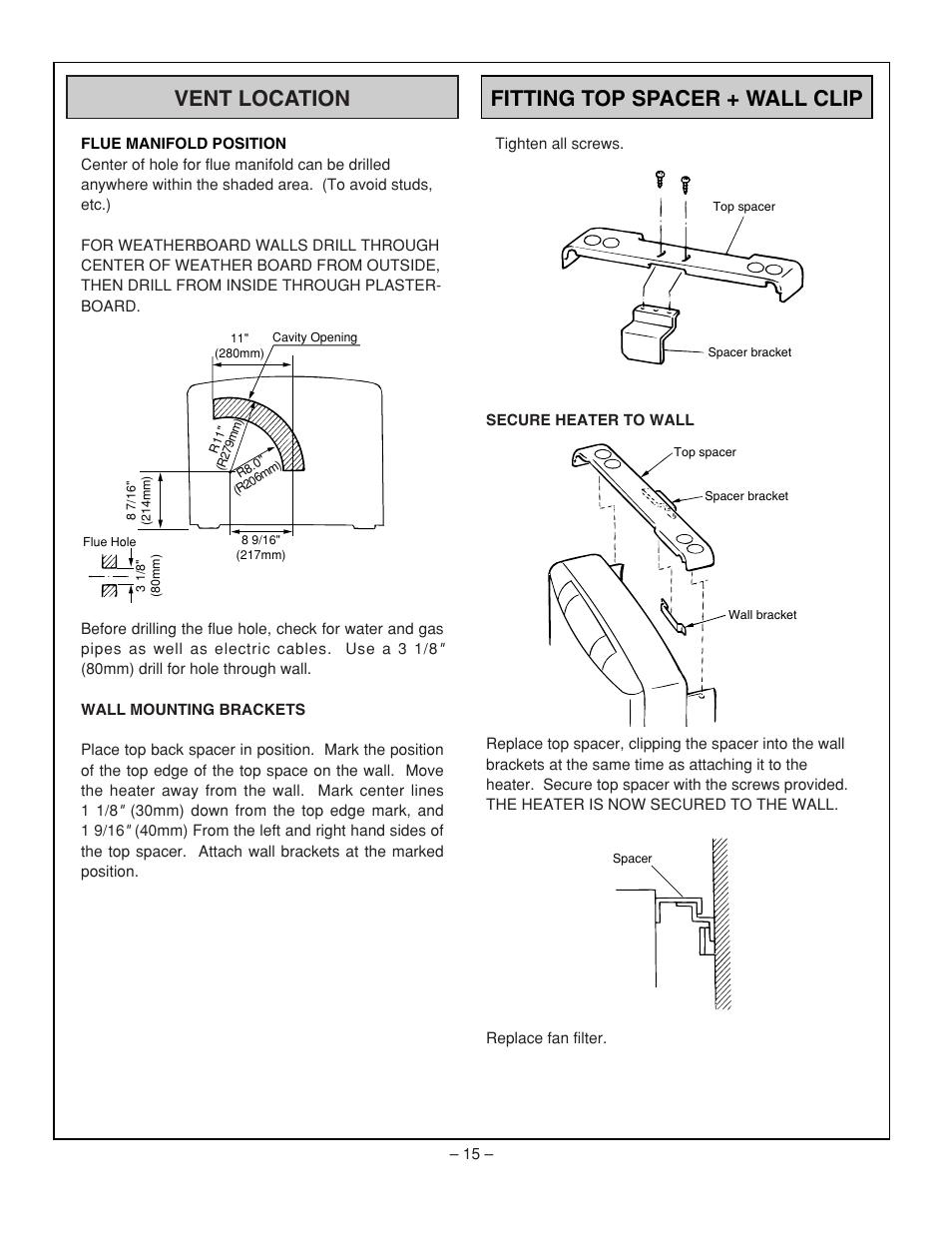 Vent location fitting top spacer + wall clip | Rinnai RHFE-431WTA User Manual | Page 17 / 64