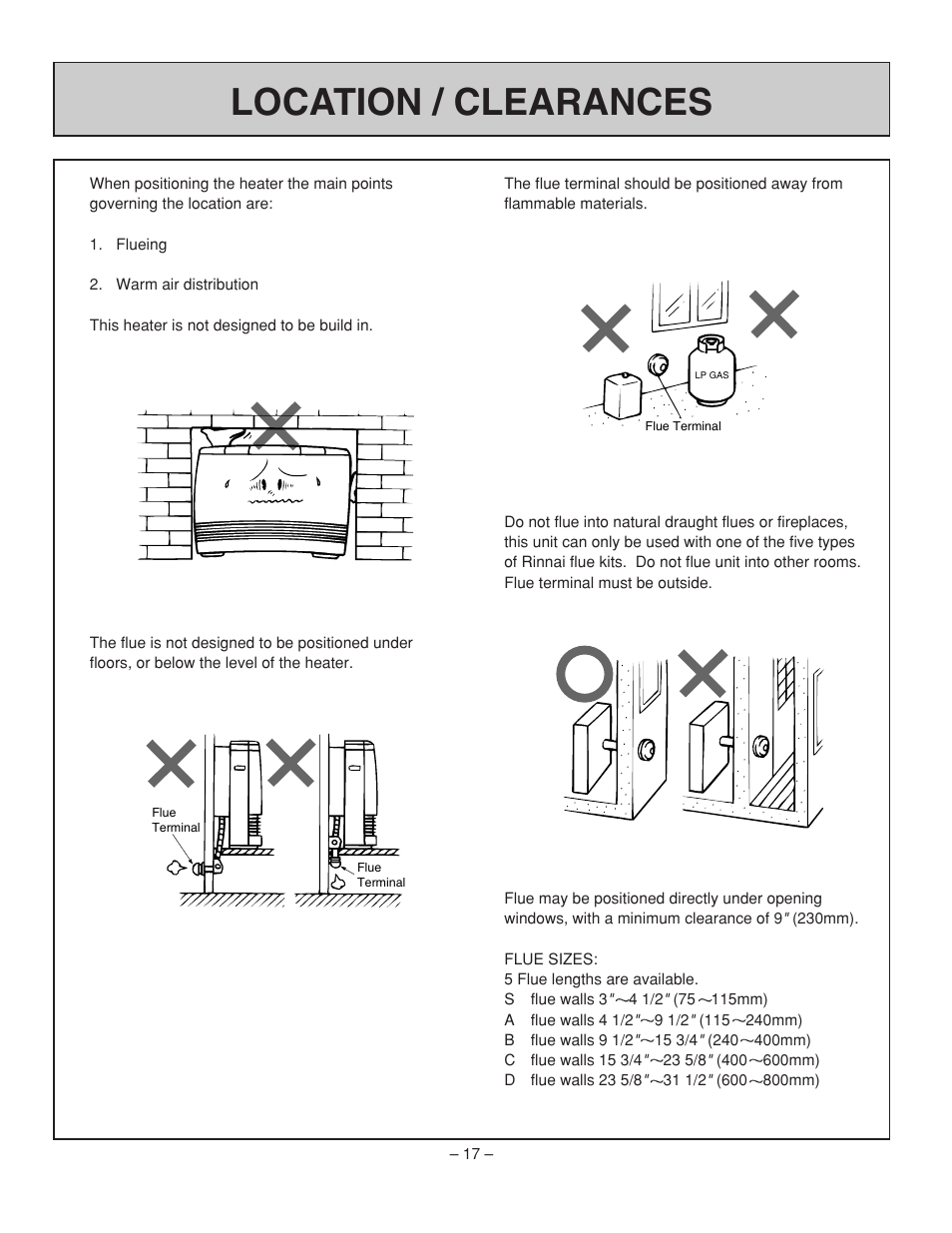 Location / clearances | Rinnai RHFE-431WTA User Manual | Page 19 / 64