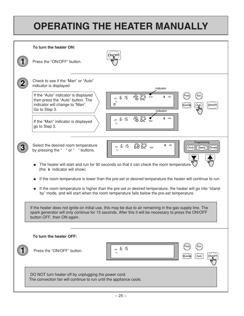 Operating the heater manually | Rinnai RHFE-431WTA User Manual | Page 27 / 64
