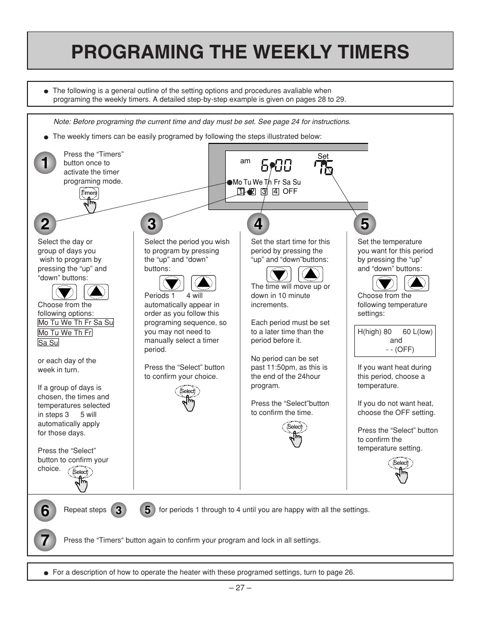 Programing the weekly timers | Rinnai RHFE-431WTA User Manual | Page 29 / 64