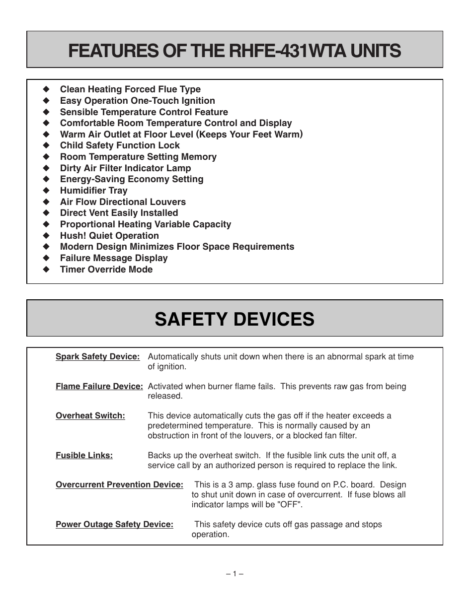 Features of the rhfe-431wta units safety devices | Rinnai RHFE-431WTA User Manual | Page 3 / 64