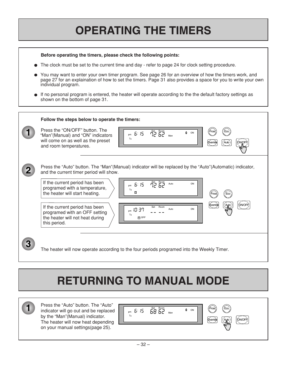 Operating the timers, Returning to manual mode | Rinnai RHFE-431WTA User Manual | Page 34 / 64
