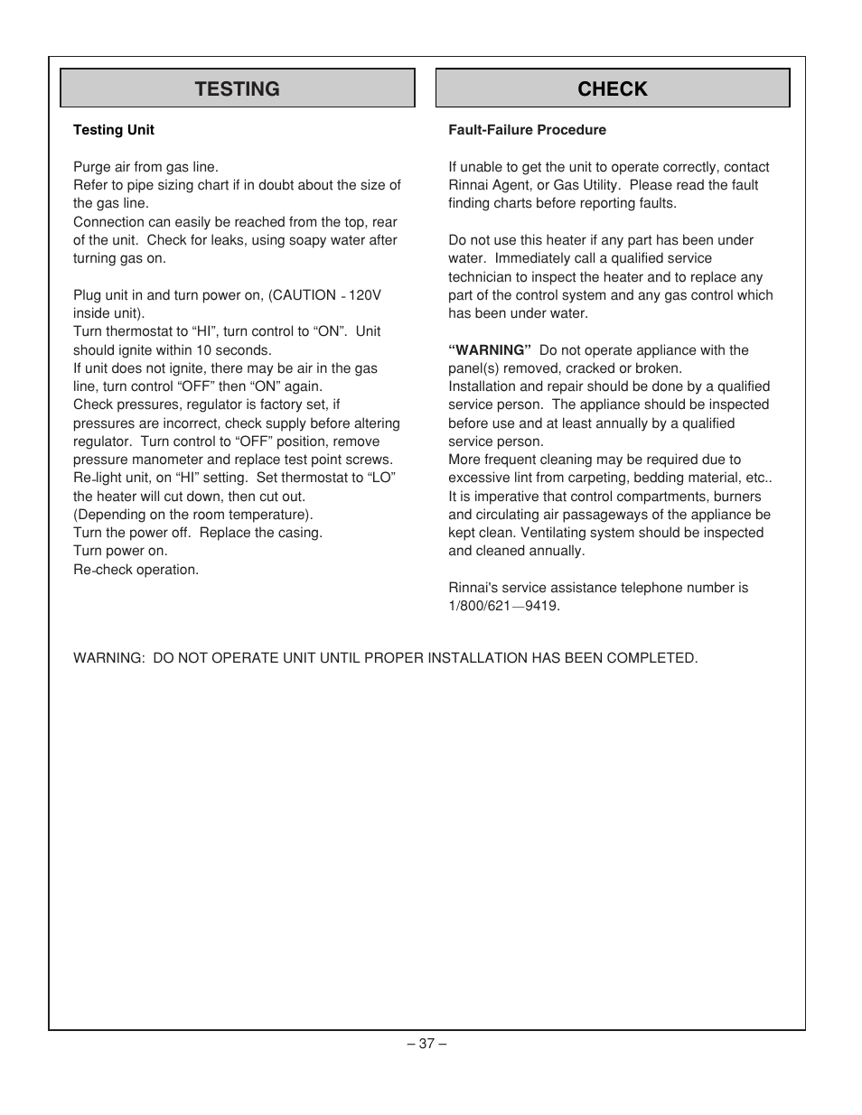 Testing check | Rinnai RHFE-431WTA User Manual | Page 39 / 64