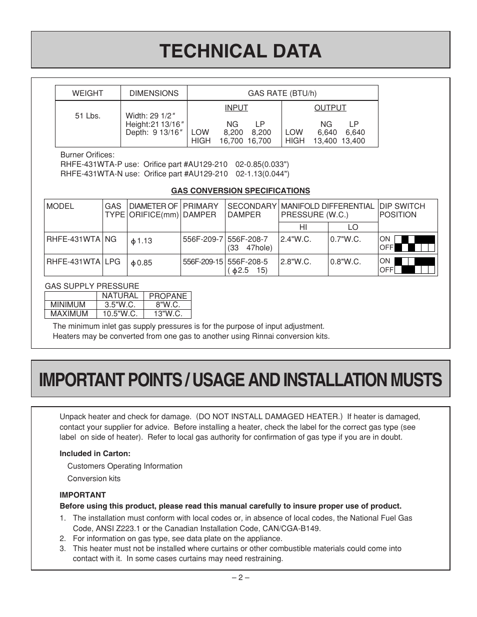 Technical data, Important points / usage and installation musts | Rinnai RHFE-431WTA User Manual | Page 4 / 64