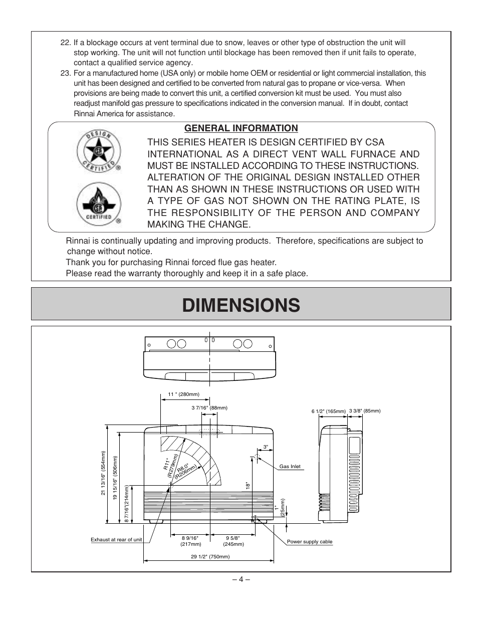 Dimensions | Rinnai RHFE-431WTA User Manual | Page 6 / 64