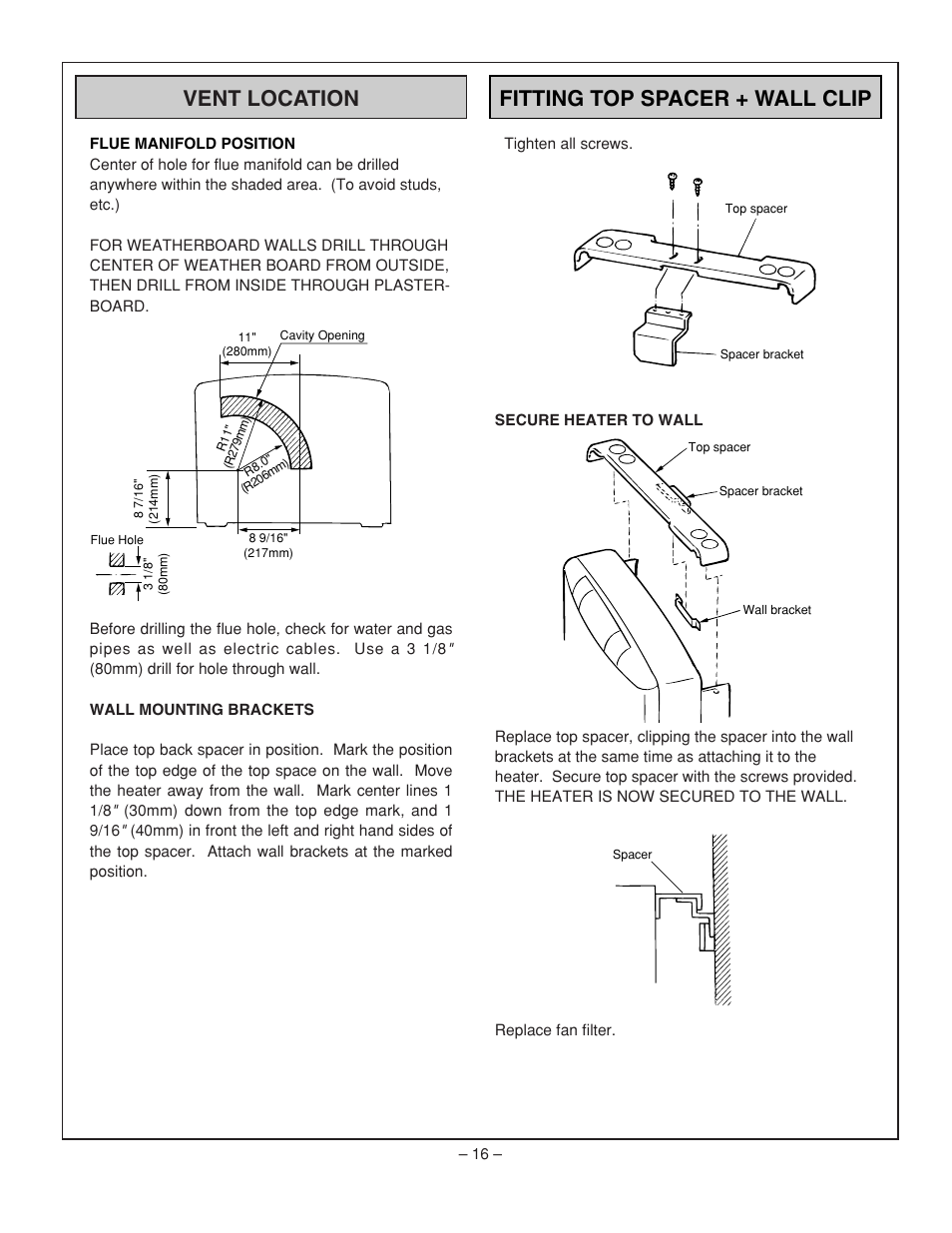 Vent location fitting top spacer + wall clip | Rinnai RHFE-431FA User Manual | Page 18 / 60