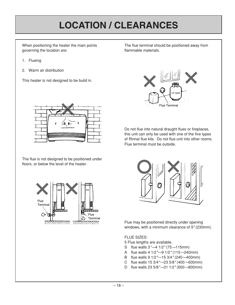 Location / clearances | Rinnai RHFE-431FA User Manual | Page 20 / 60