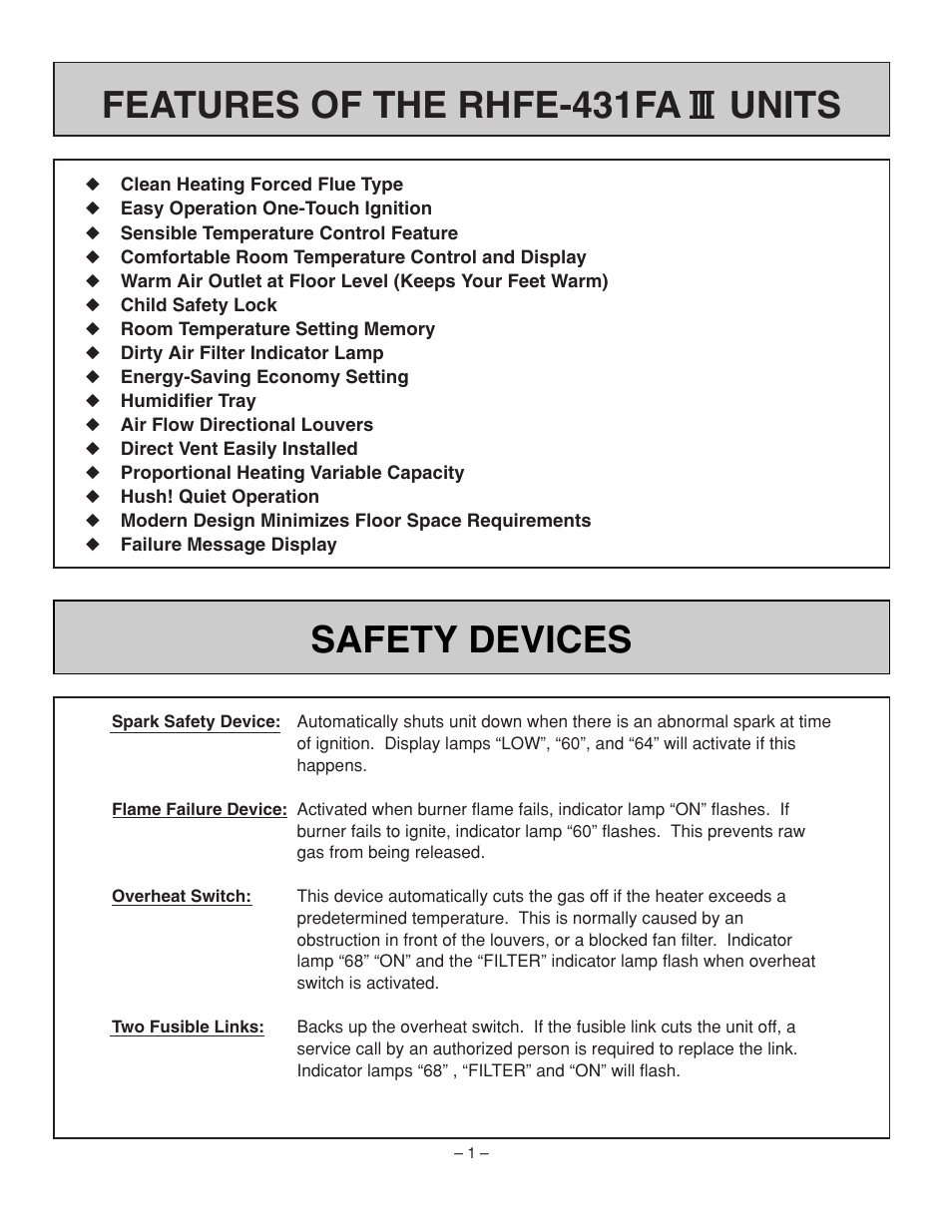 Features of the rhfe-431fa units safety devices | Rinnai RHFE-431FA User Manual | Page 3 / 60