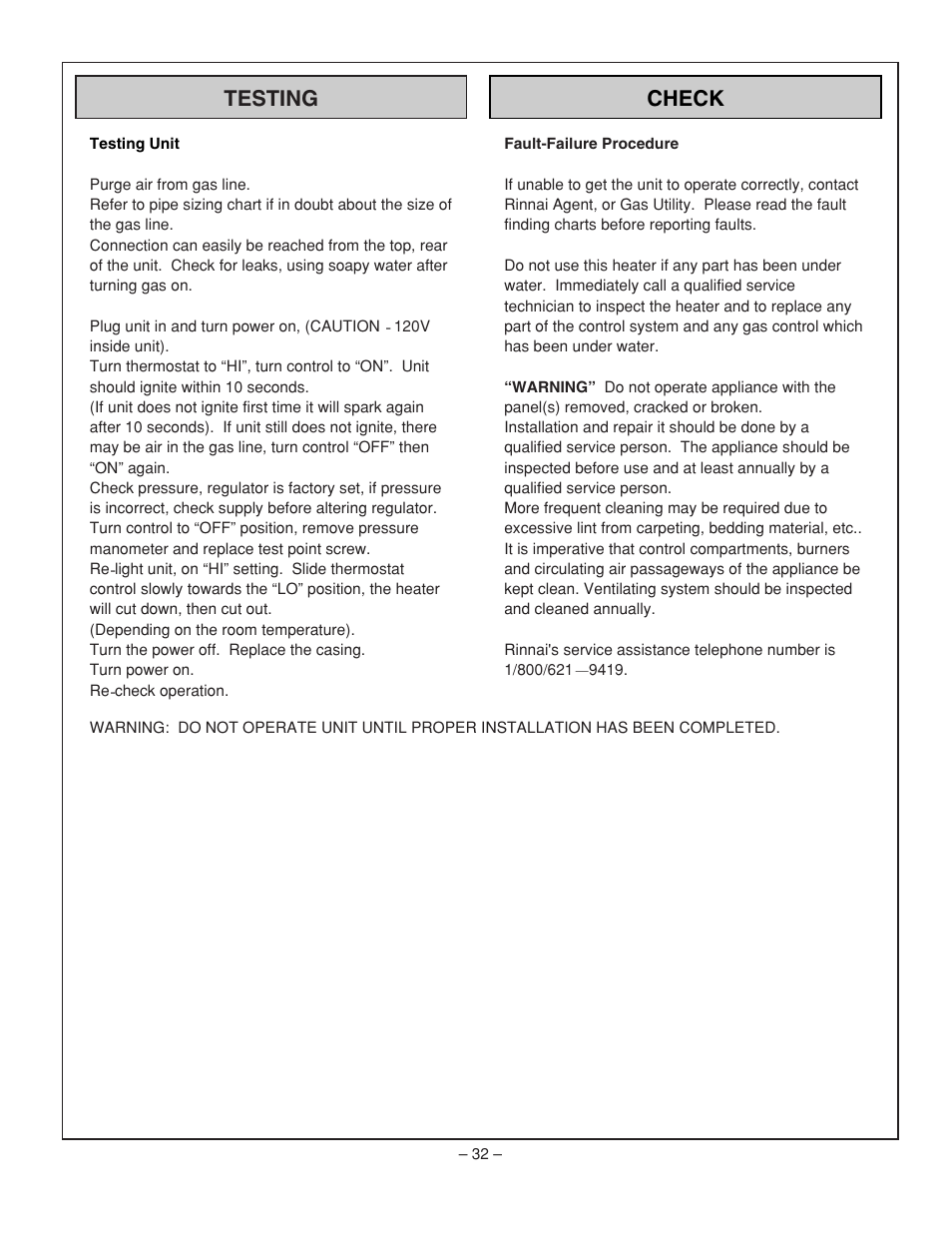 Testing check | Rinnai RHFE-431FA User Manual | Page 34 / 60