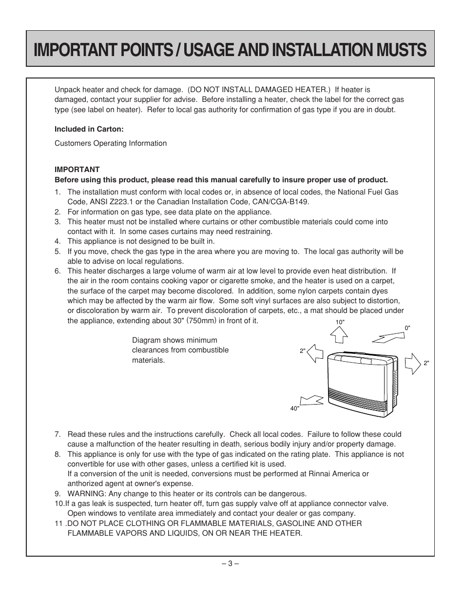 Important points / usage and installation musts | Rinnai RHFE-431FA User Manual | Page 5 / 60