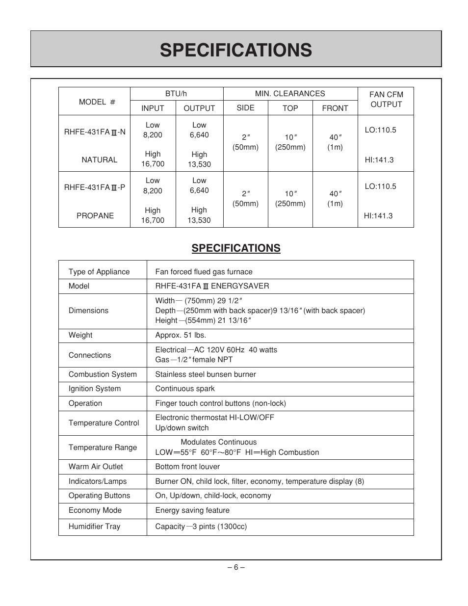 Specifications | Rinnai RHFE-431FA User Manual | Page 8 / 60