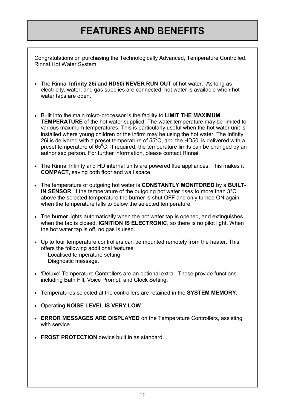 Features and benefits | Rinnai 26i User Manual | Page 13 / 40