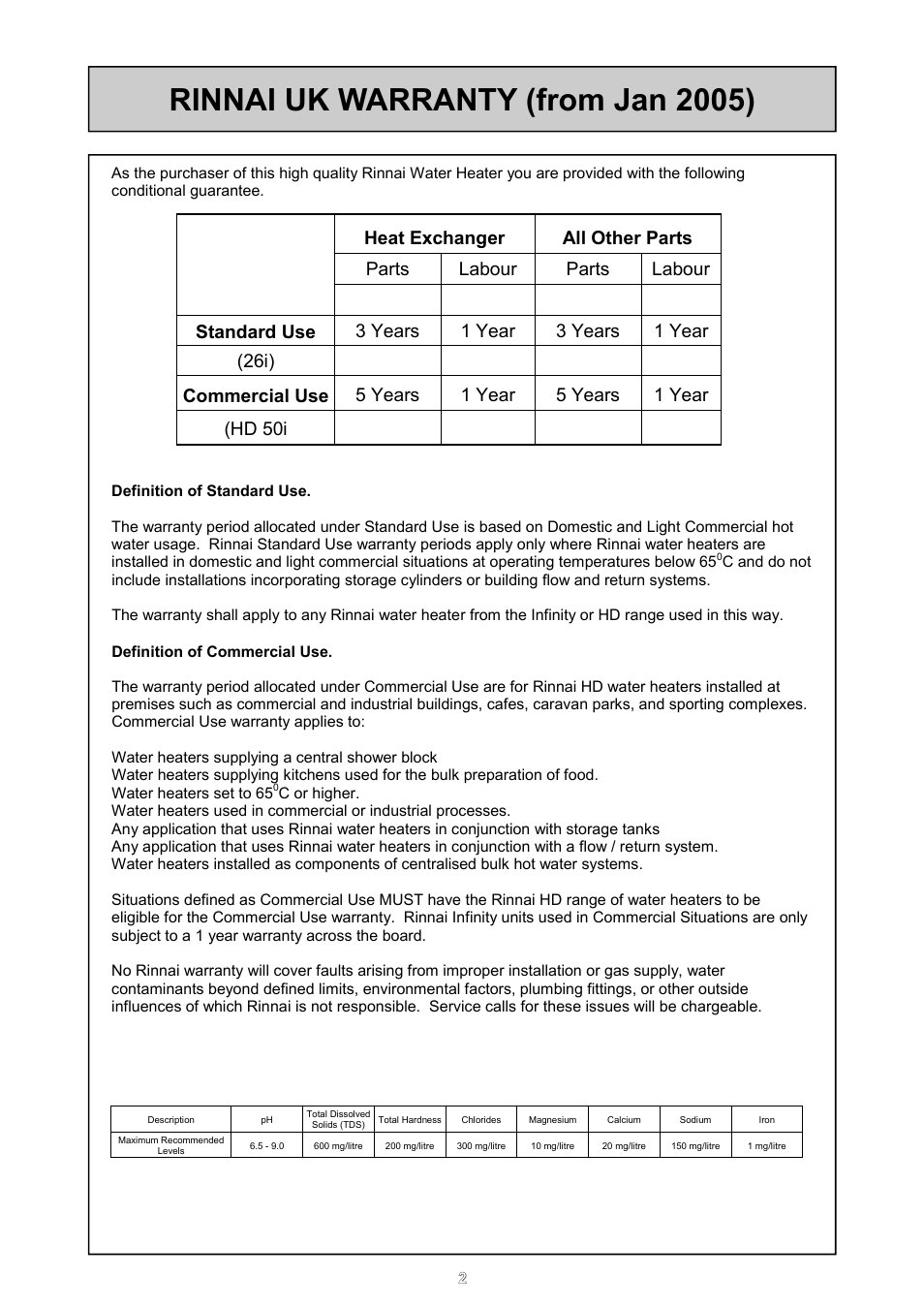 Rinnai uk warranty (from jan 2005) | Rinnai 26i User Manual | Page 2 / 40