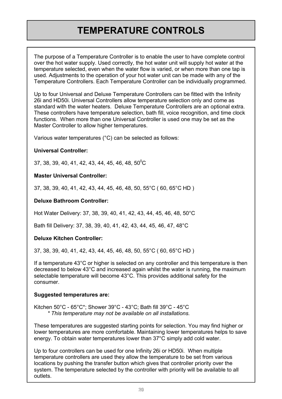 Temperature controls | Rinnai 26i User Manual | Page 20 / 40