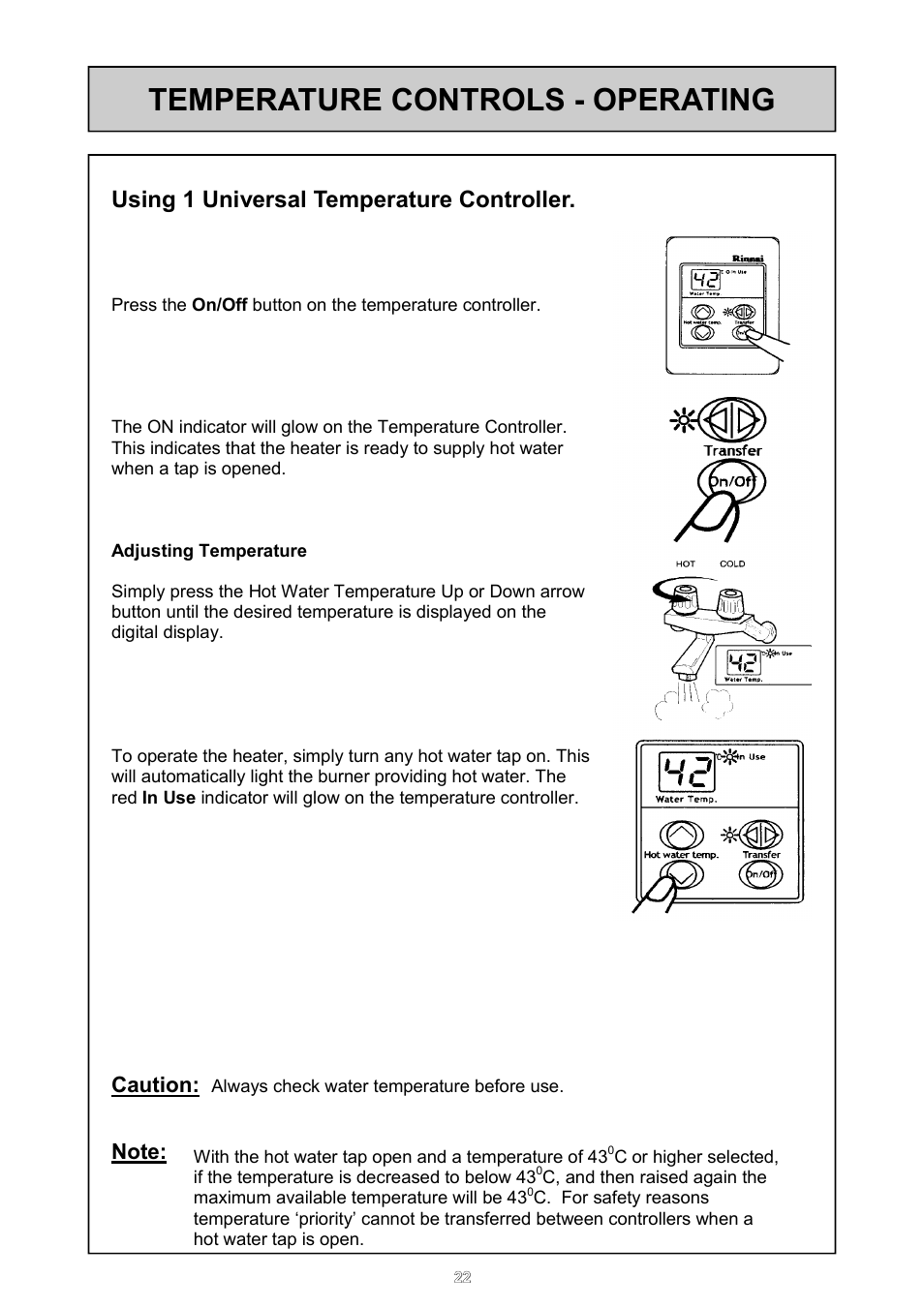 Temperature controls - operating, Using 1 universal temperature controller, Caution | Rinnai 26i User Manual | Page 22 / 40